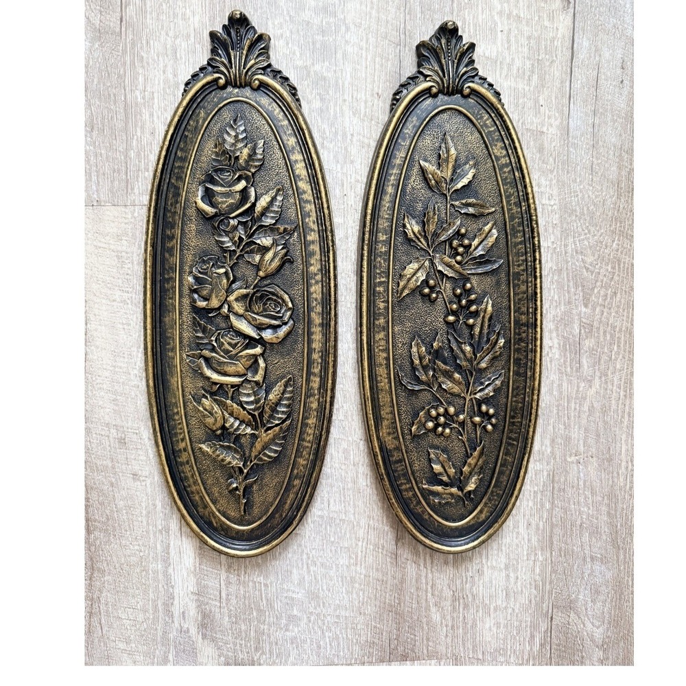 Vintage Syroco Wall Plaques 7313 7314 Floral & Berry Pair 1974 Gold 18" x 6"